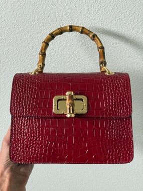 Red Italian Leather Croc-Embossed Bamboo Handle Top-Handle Bag